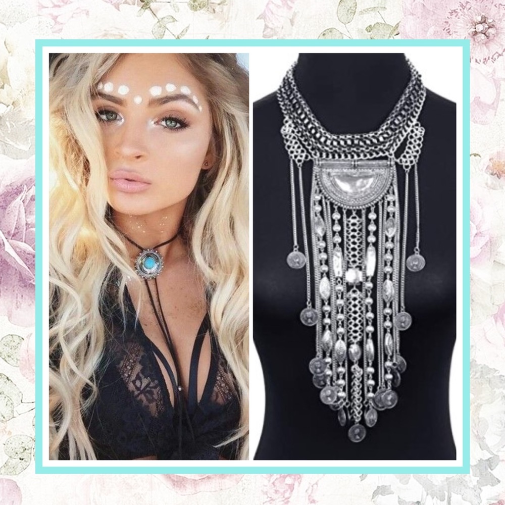🌸 BIB NECKLACE CHUNKY LARGE DANGLE LONG SILVER BOHO CHIC BOHEMIAN TRIBAL FRINGE